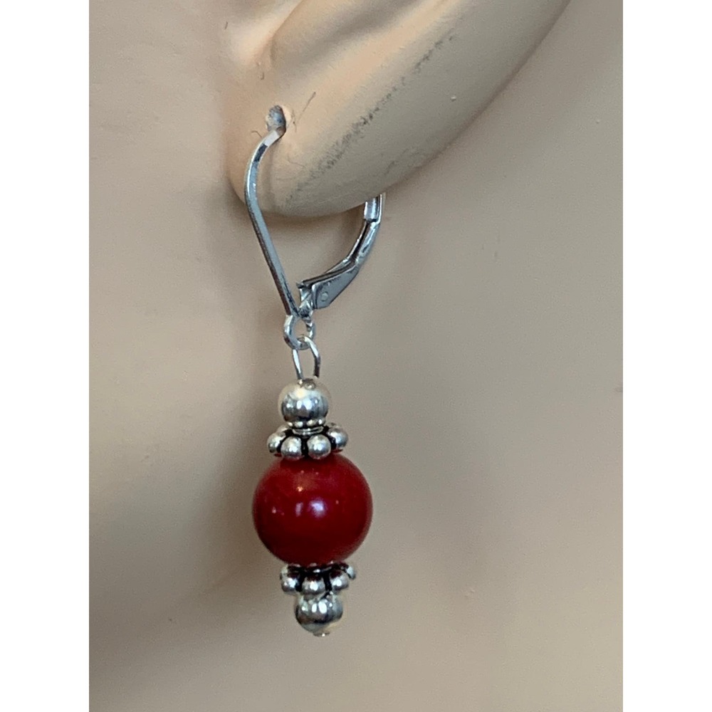 Sterling Silver Red Coral Lever Back Earrings. Handcrafted Great gift